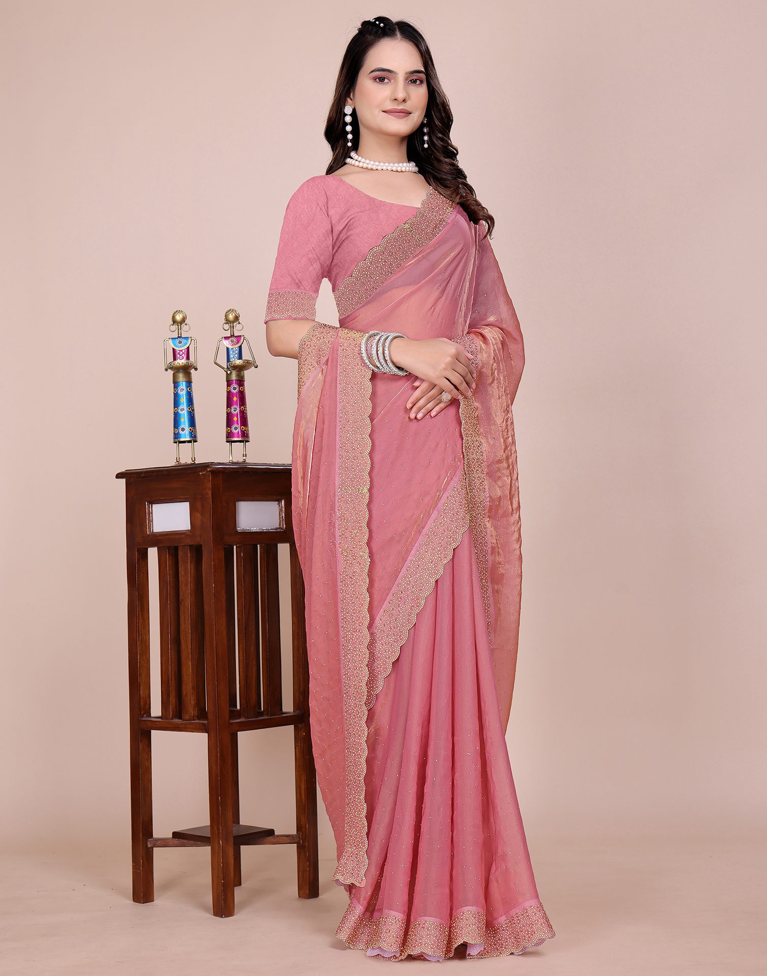 Coral Pink Tissue Silk Stone Work Swarovski Saree
