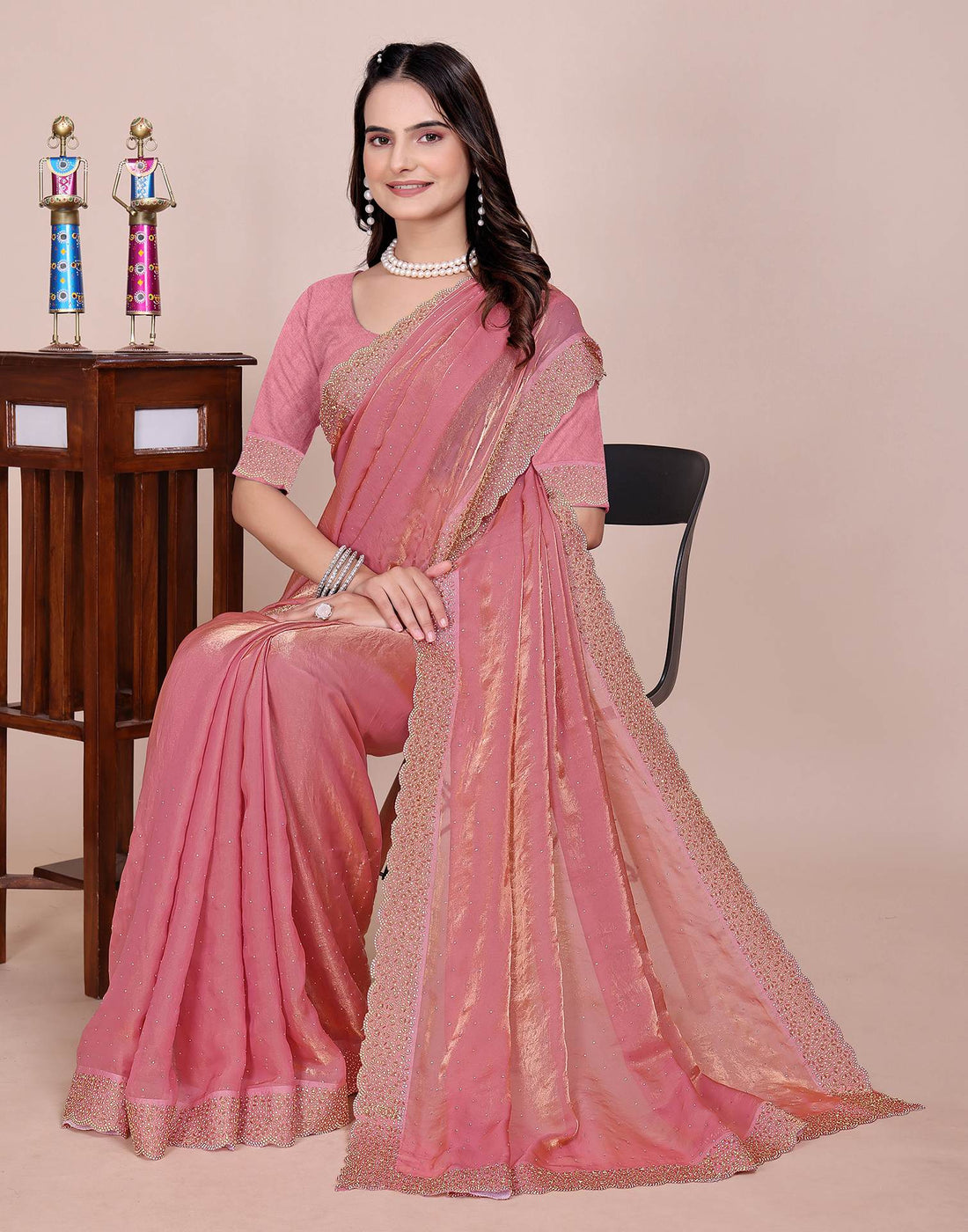 Coral Pink Tissue Silk Stone Work Swarovski Saree