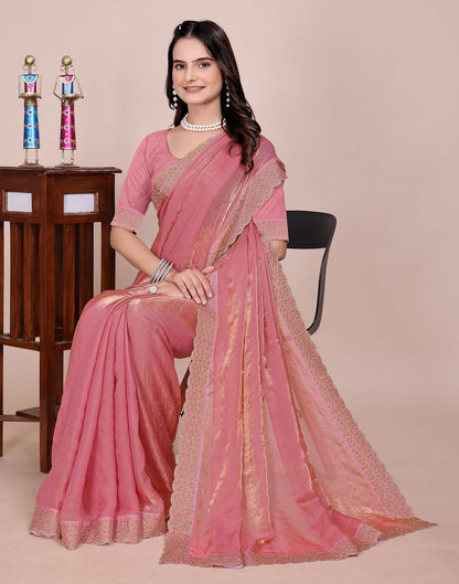 Coral Pink Tissue Silk Stone Work Swarovski Saree