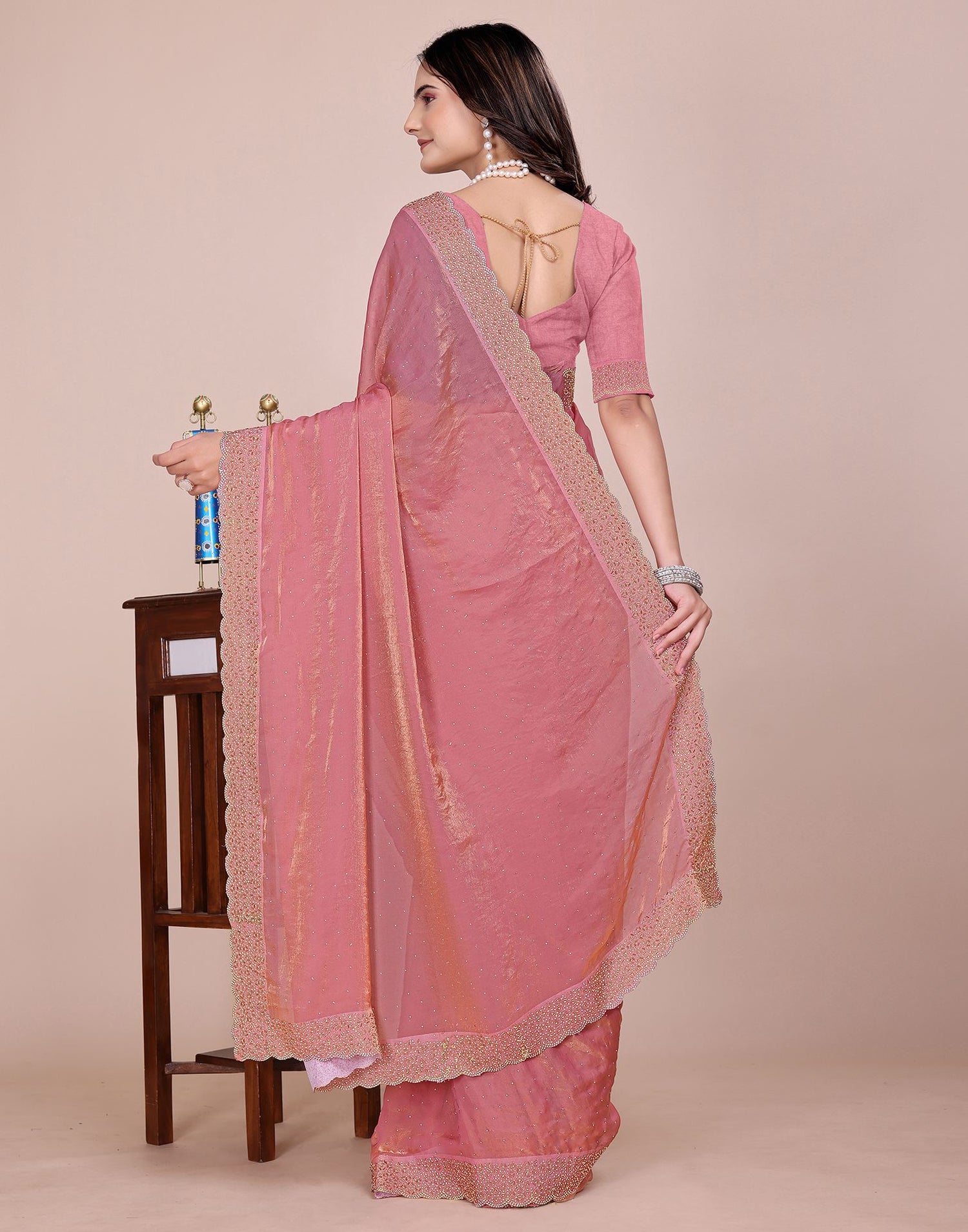 Coral Pink Tissue Silk Stone Work Swarovski Saree