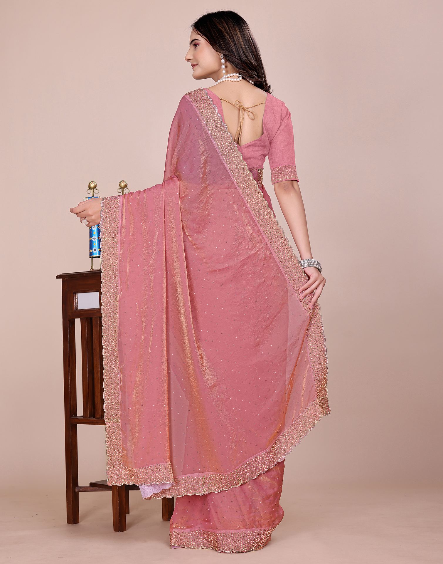 Coral Pink Tissue Silk Stone Work Swarovski Saree