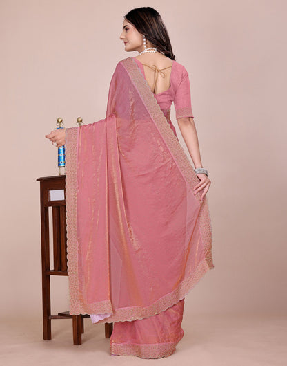 Coral Pink Tissue Silk Stone Work Swarovski Saree