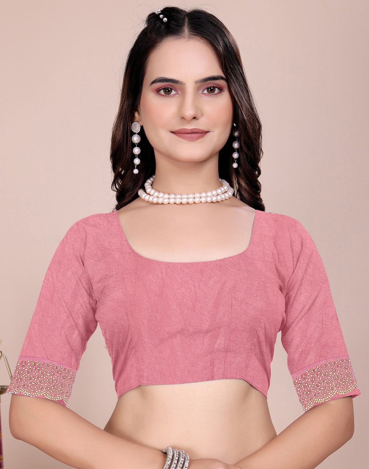 Coral Pink Tissue Silk Stone Work Swarovski Saree