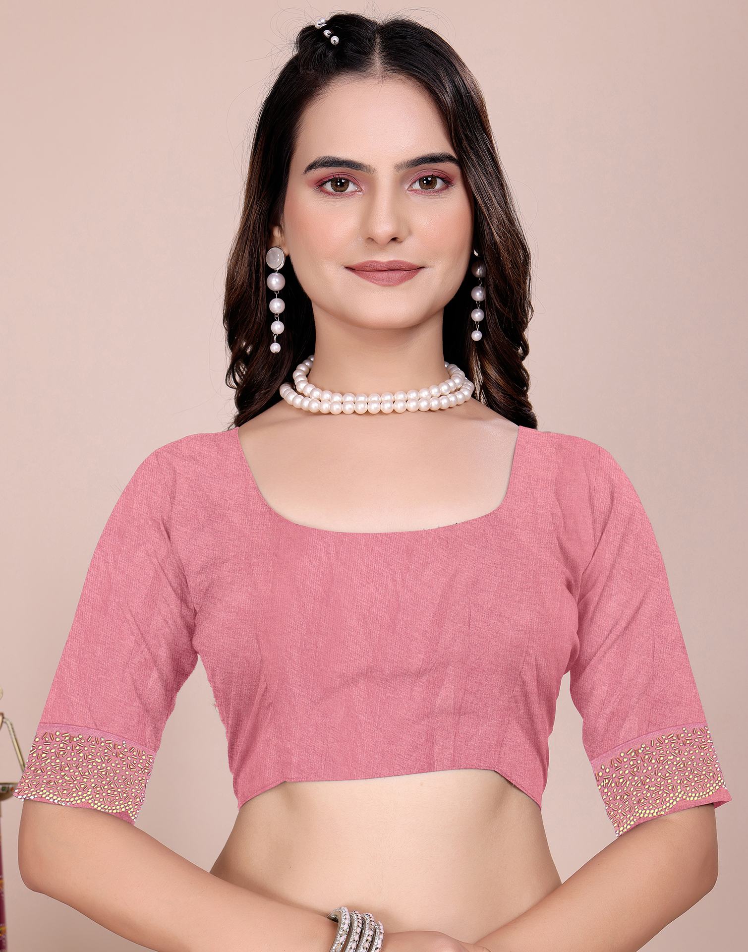 Coral Pink Tissue Silk Stone Work Swarovski Saree