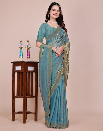Light Blue Tissue Silk Stone Work Swarovski Saree