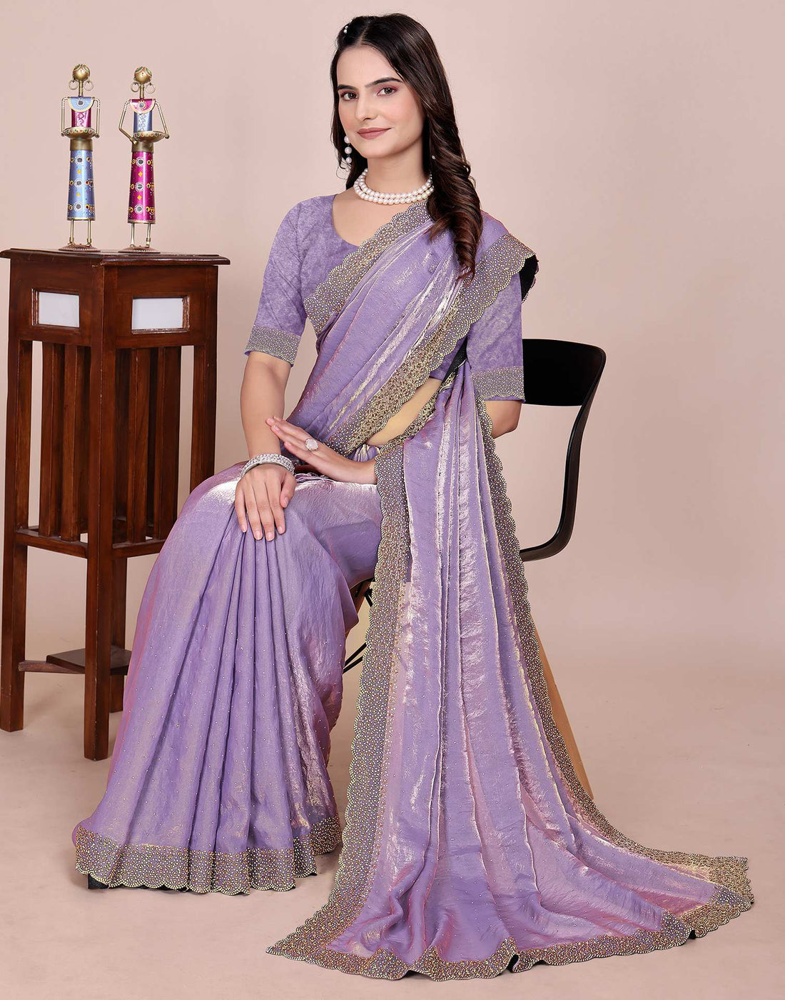 Lavender Tissue Silk Stone Work Swarovski Saree