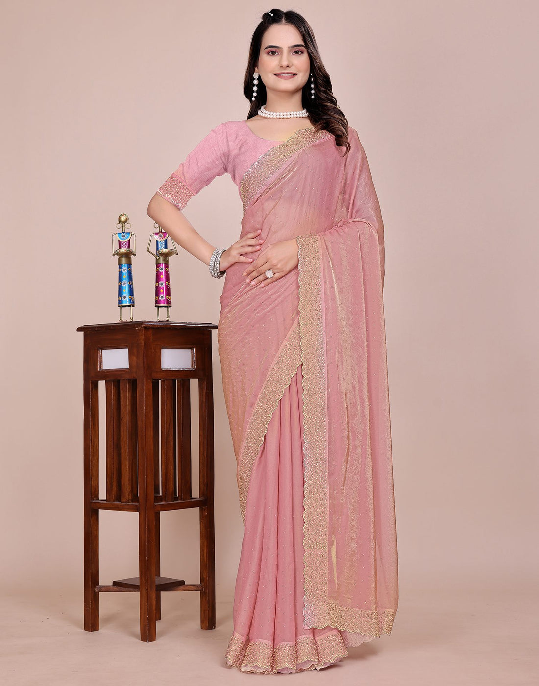 Light Pink Tissue Silk Stone Work Swarovski Saree