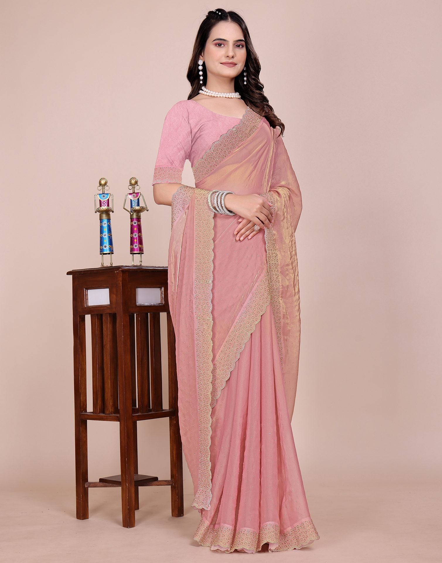 Light Pink Tissue Silk Stone Work Swarovski Saree