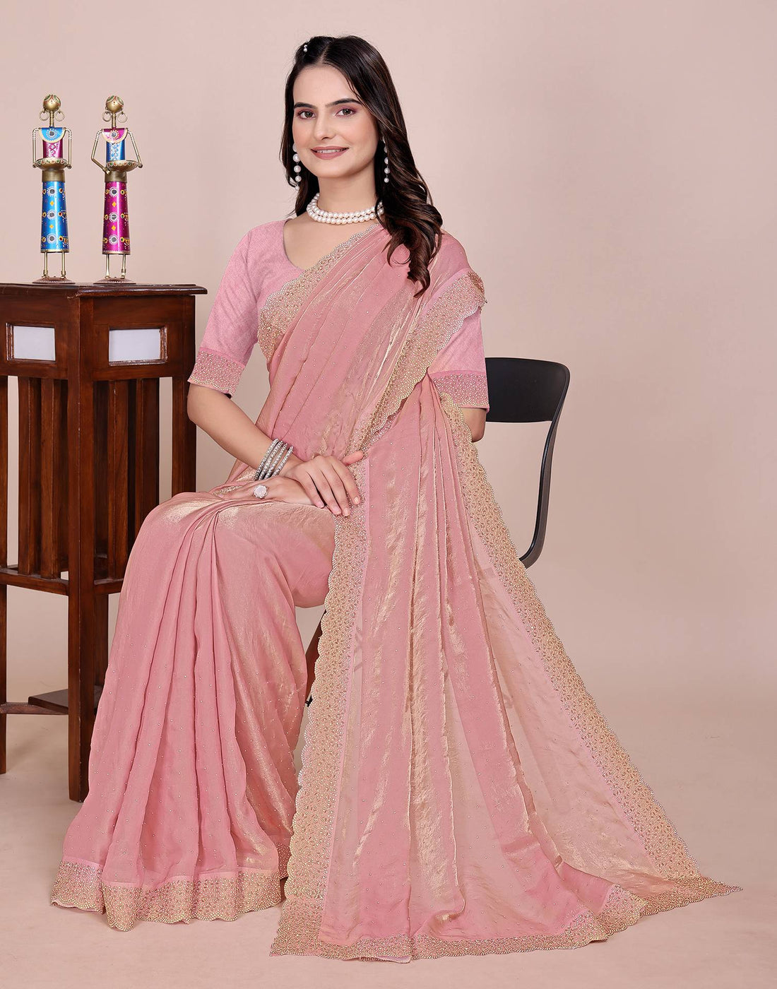 Light Pink Tissue Silk Stone Work Swarovski Saree