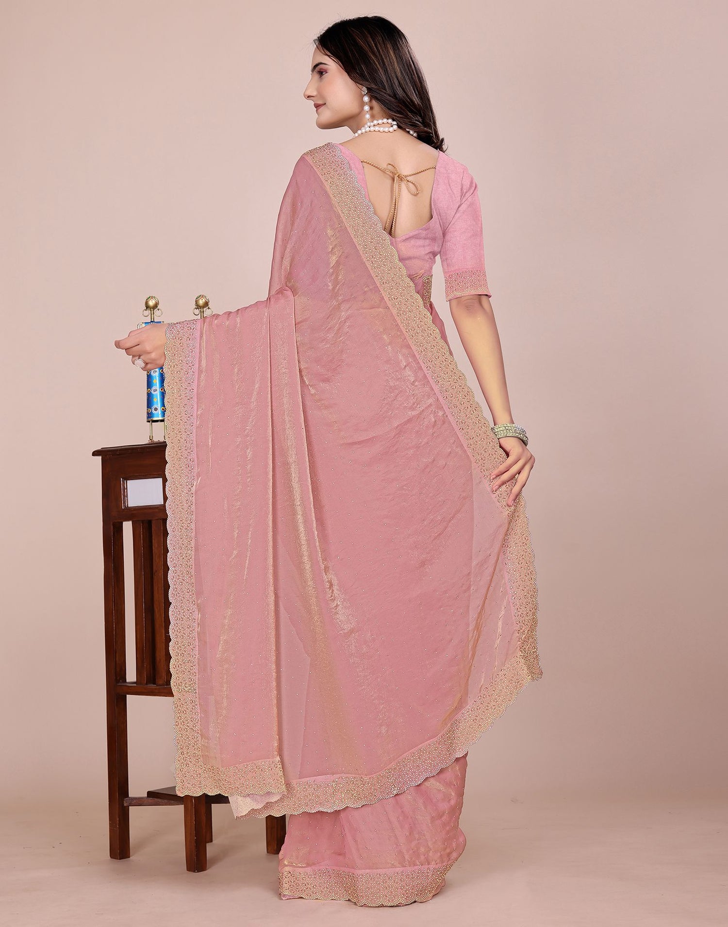 Light Pink Tissue Silk Stone Work Swarovski Saree