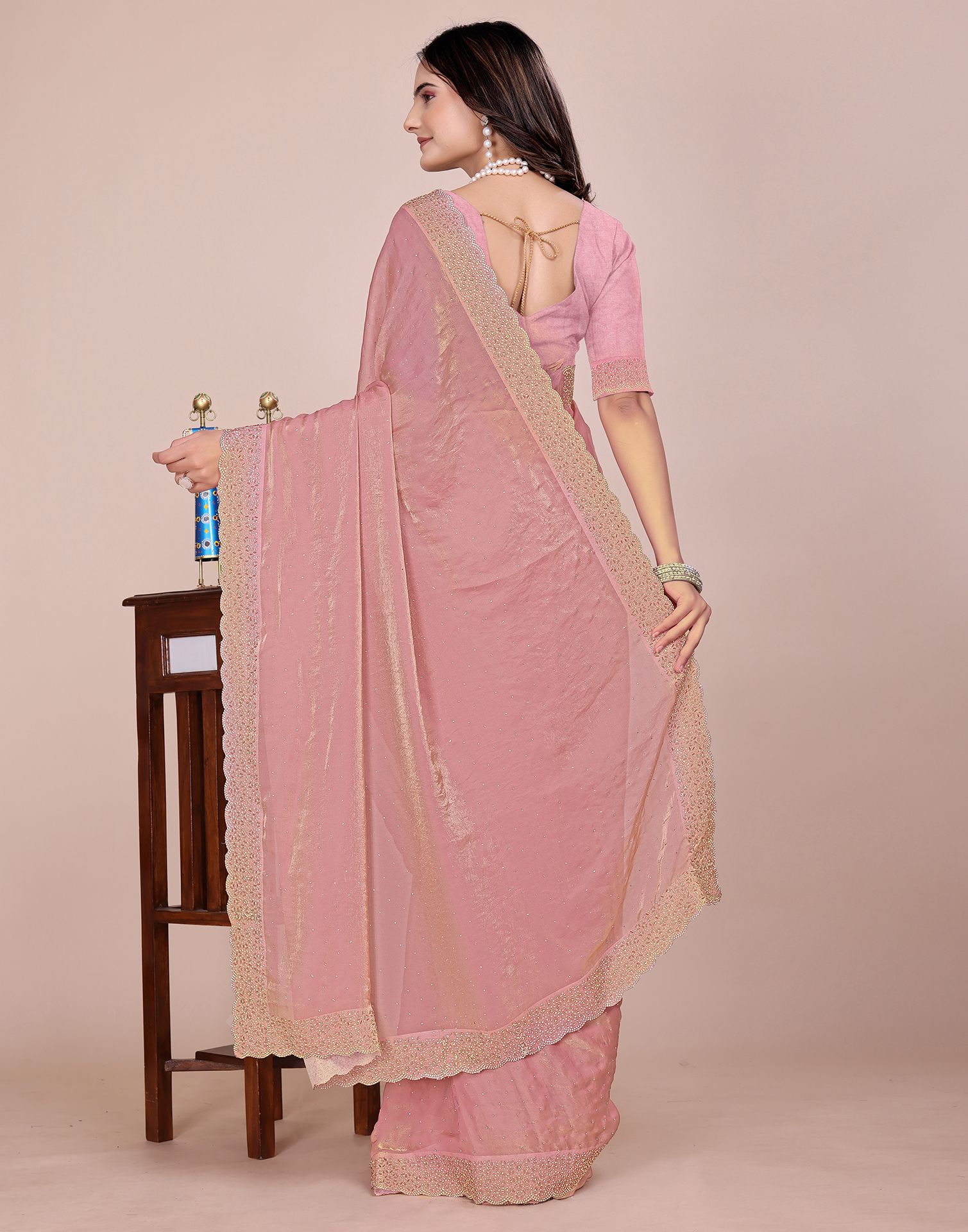 Light Pink Tissue Silk Stone Work Swarovski Saree