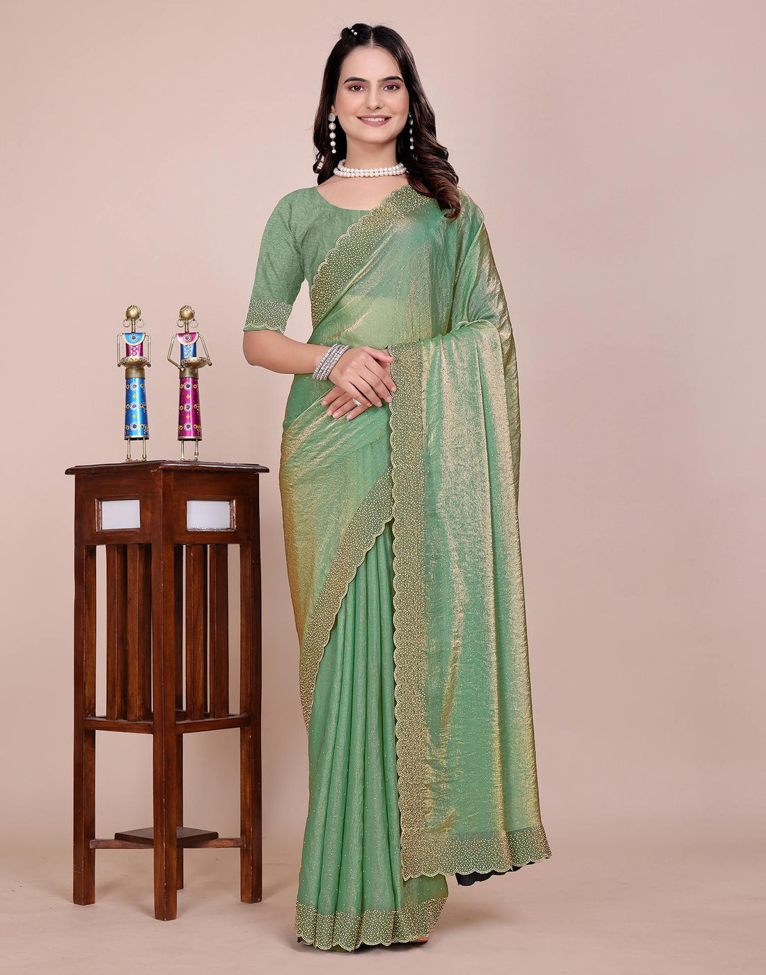 Pista Green Tissue Silk Stone Work Swarovski Saree