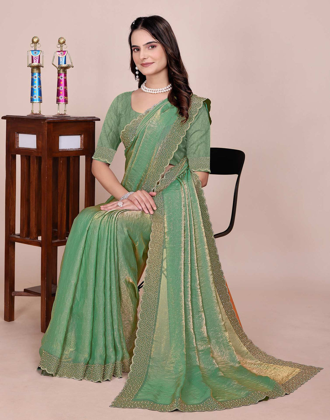 Pista Green Tissue Silk Stone Work Swarovski Saree
