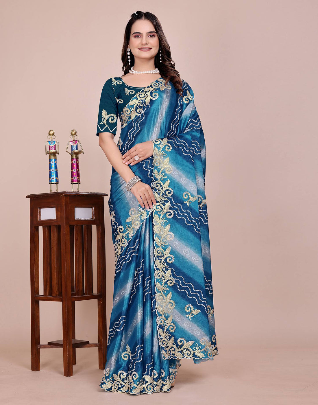 Blue Chinnon Printed Bandhani Saree