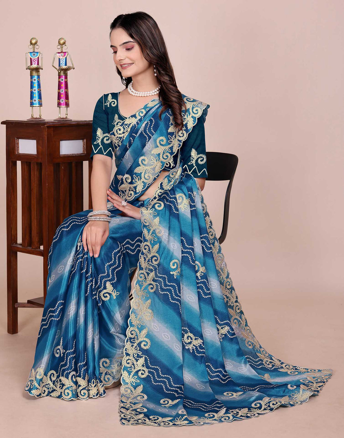 Blue Chinnon Printed Bandhani Saree