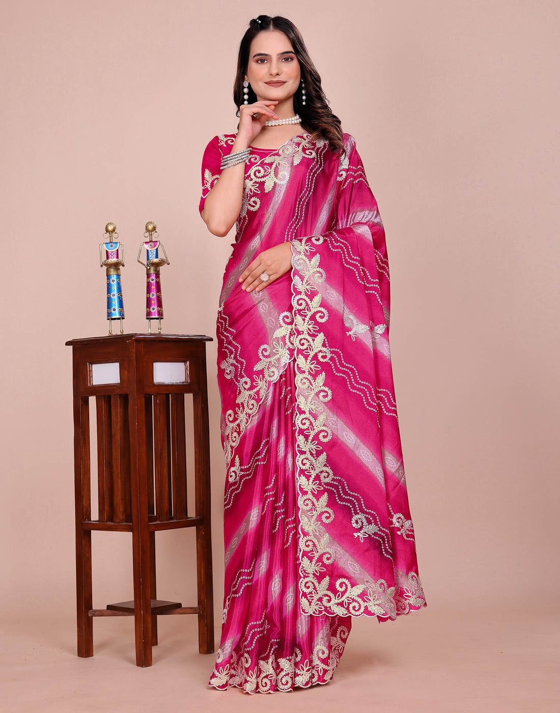 Pink Chinnon Printed Bandhani Saree