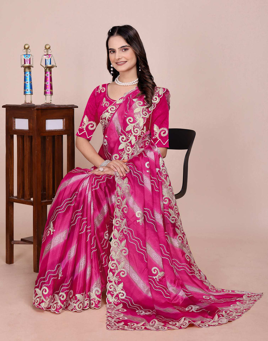 Pink Chinnon Printed Bandhani Saree