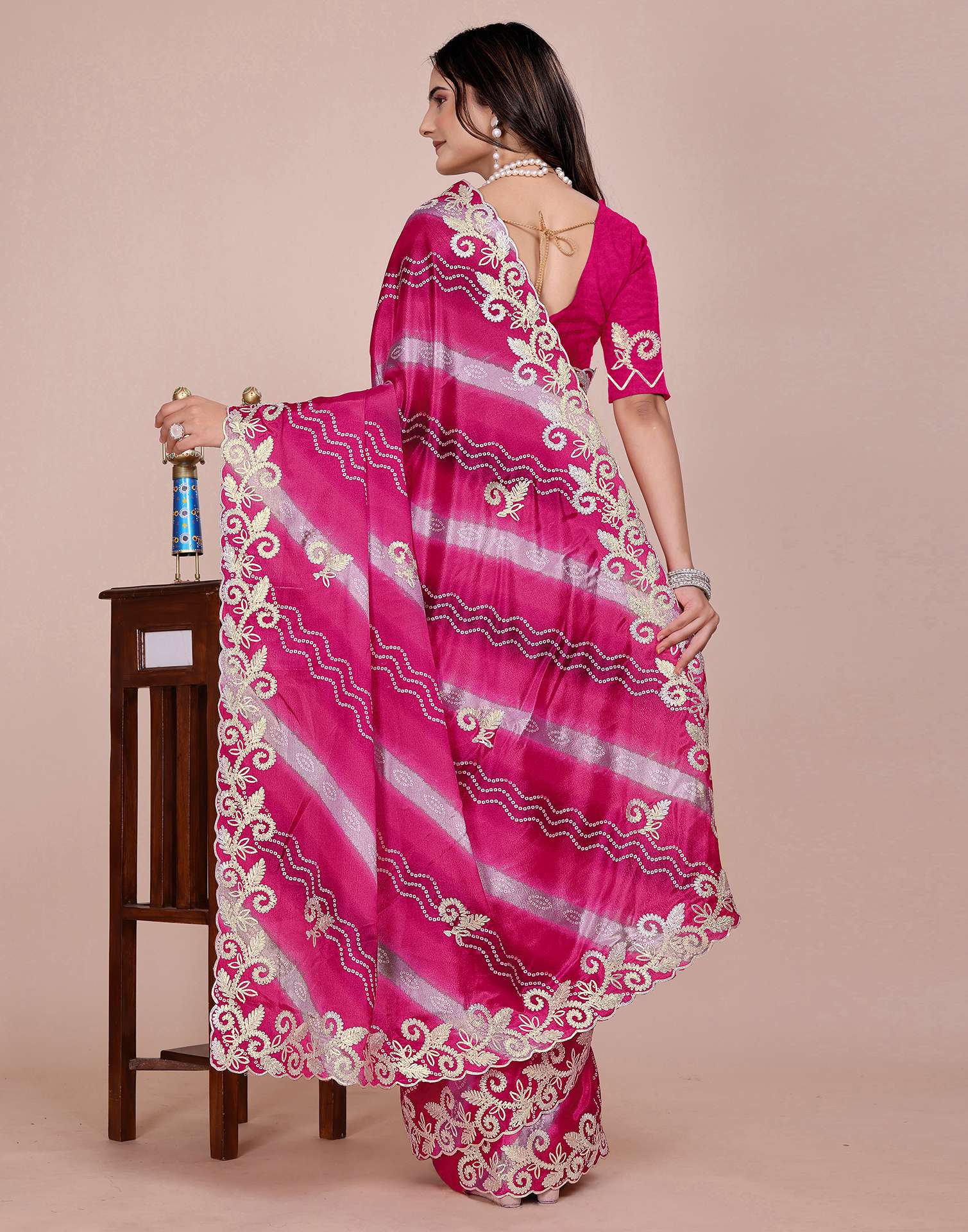 Pink Chinnon Printed Bandhani Saree
