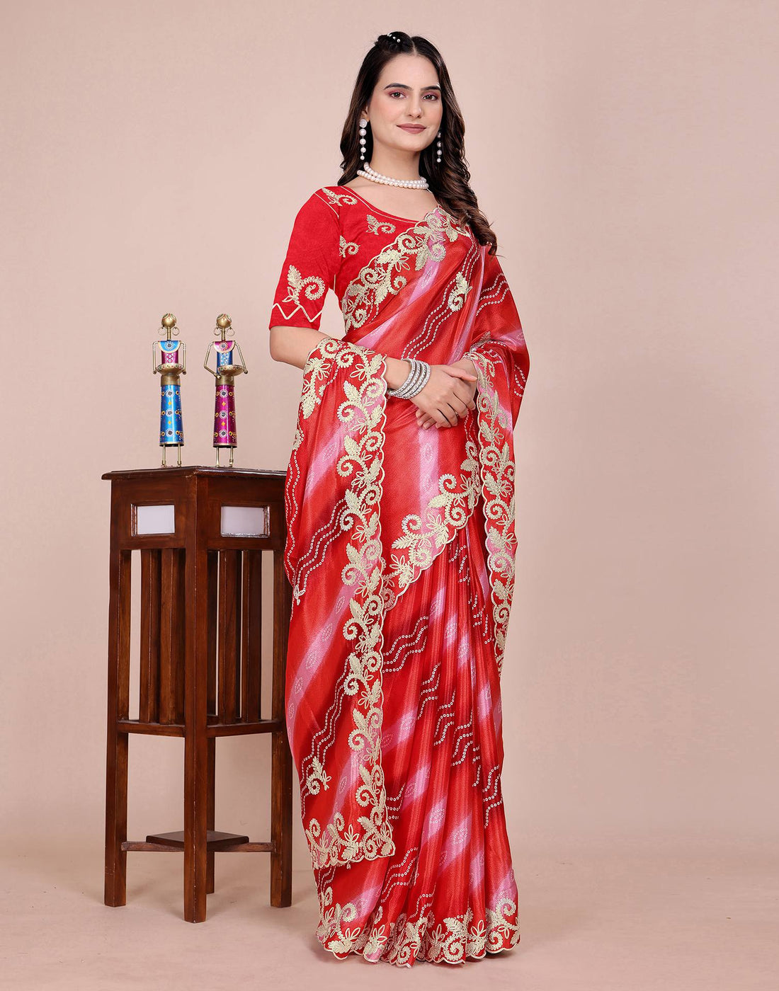 Red Chinnon Printed Bandhani Saree