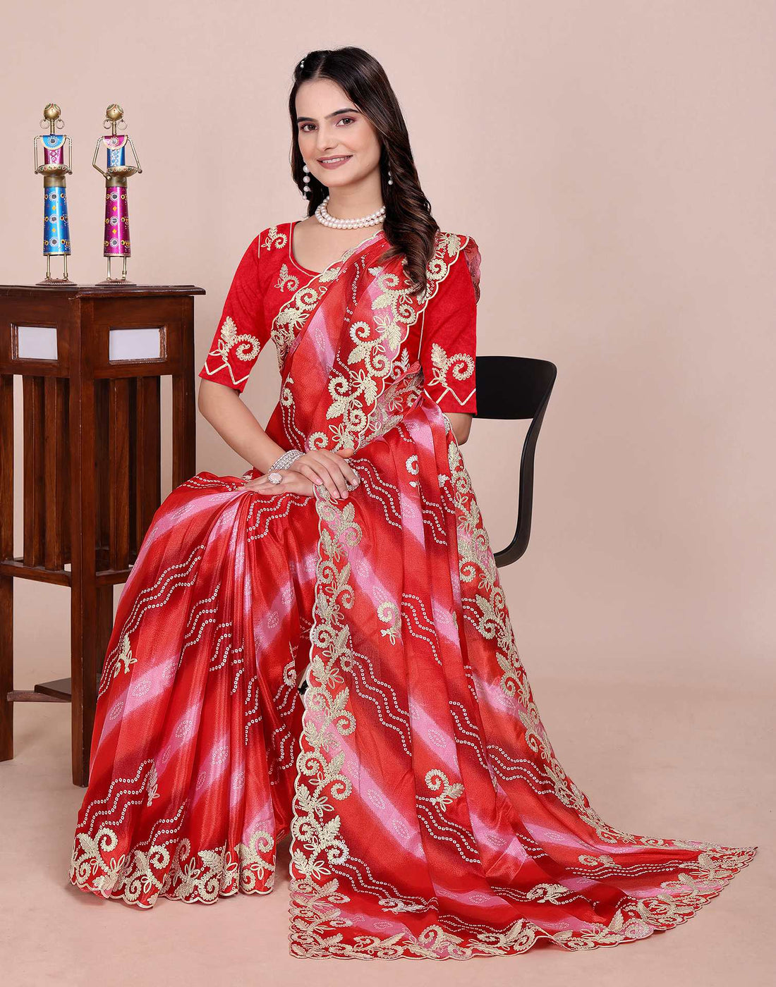 Red Chinnon Printed Bandhani Saree