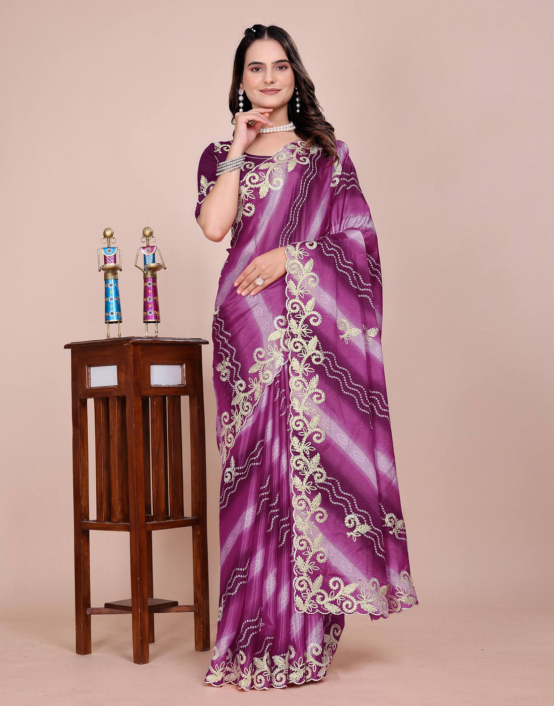 Dusty Wine Chinnon Printed Bandhani Saree