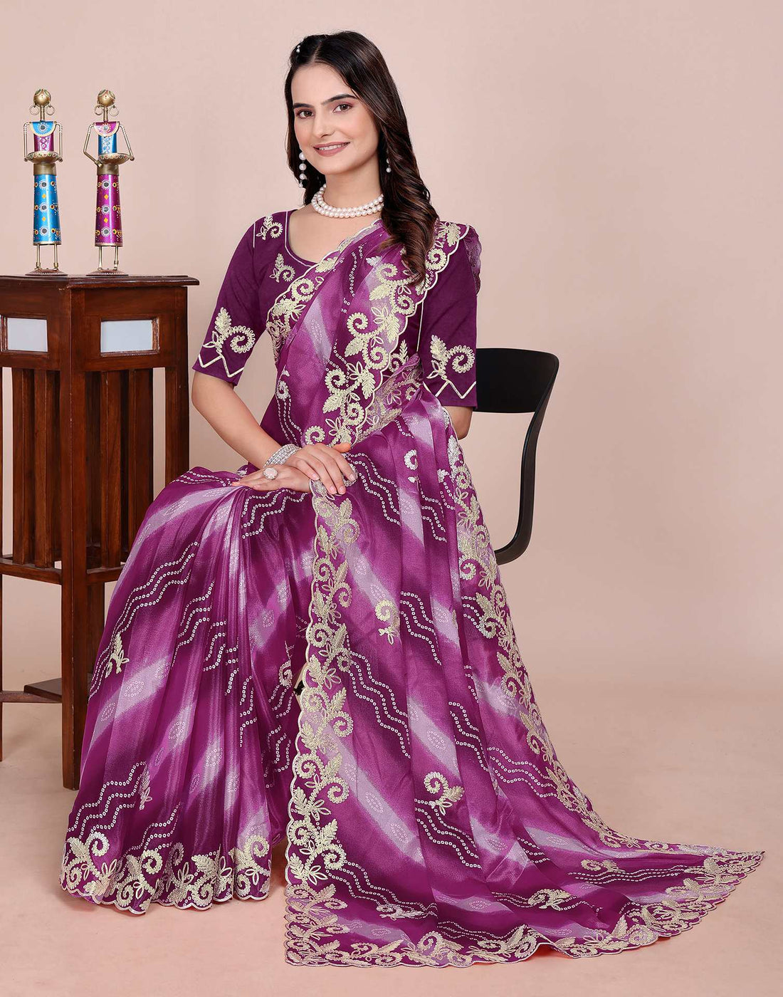 Dusty Wine Chinnon Printed Bandhani Saree