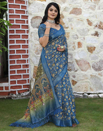 Blue Cotton Floral Printed Saree