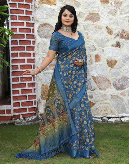 Blue Cotton Floral Printed Saree