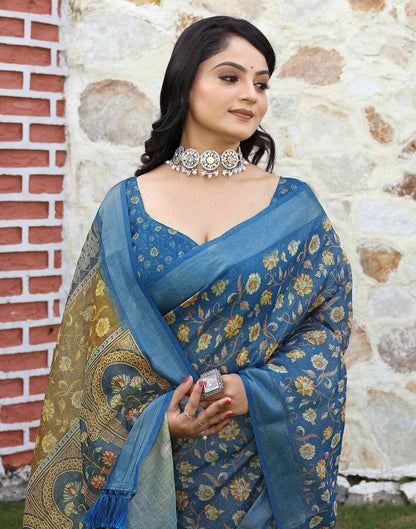 Blue Cotton Floral Printed Saree