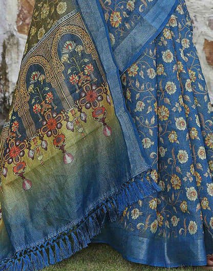 Blue Cotton Floral Printed Saree