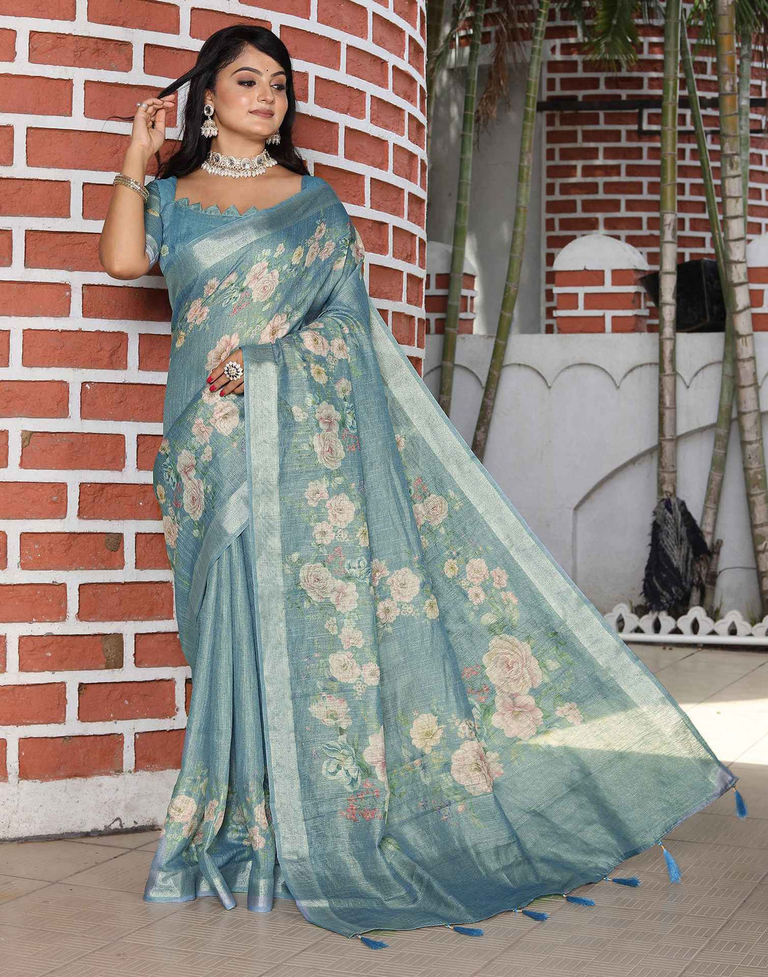 Light Blue Cotton Floral Printed Saree