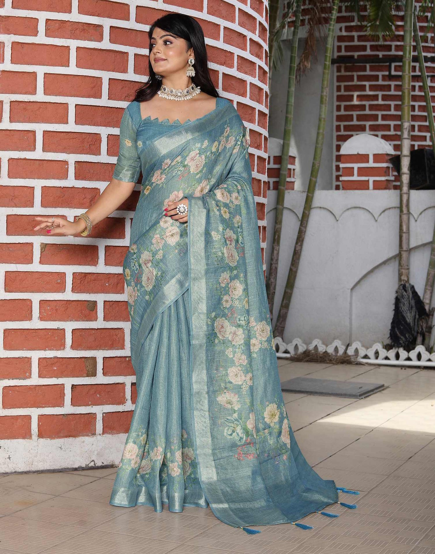 Light Blue Cotton Floral Printed Saree