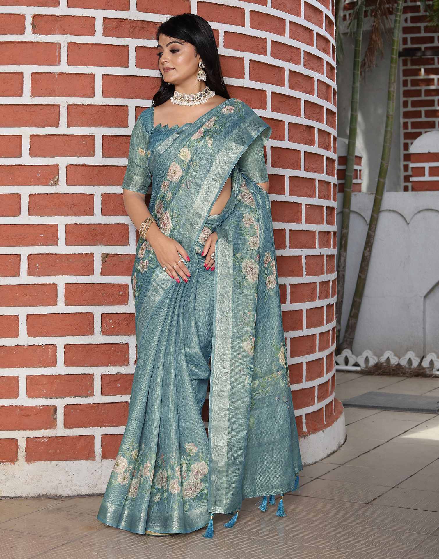 Light Blue Cotton Floral Printed Saree