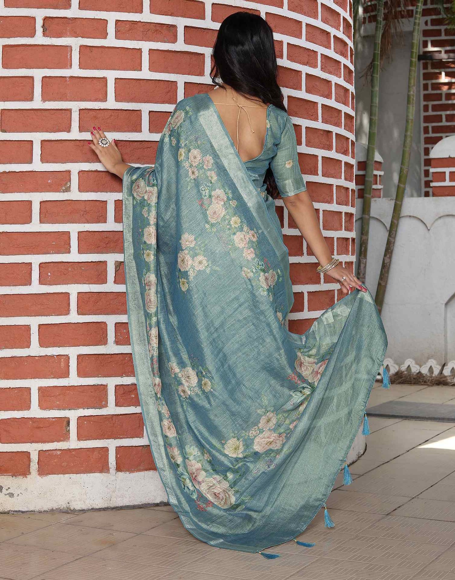 Light Blue Cotton Floral Printed Saree