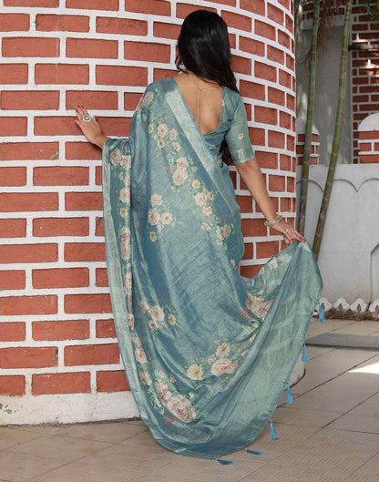 Light Blue Cotton Floral Printed Saree