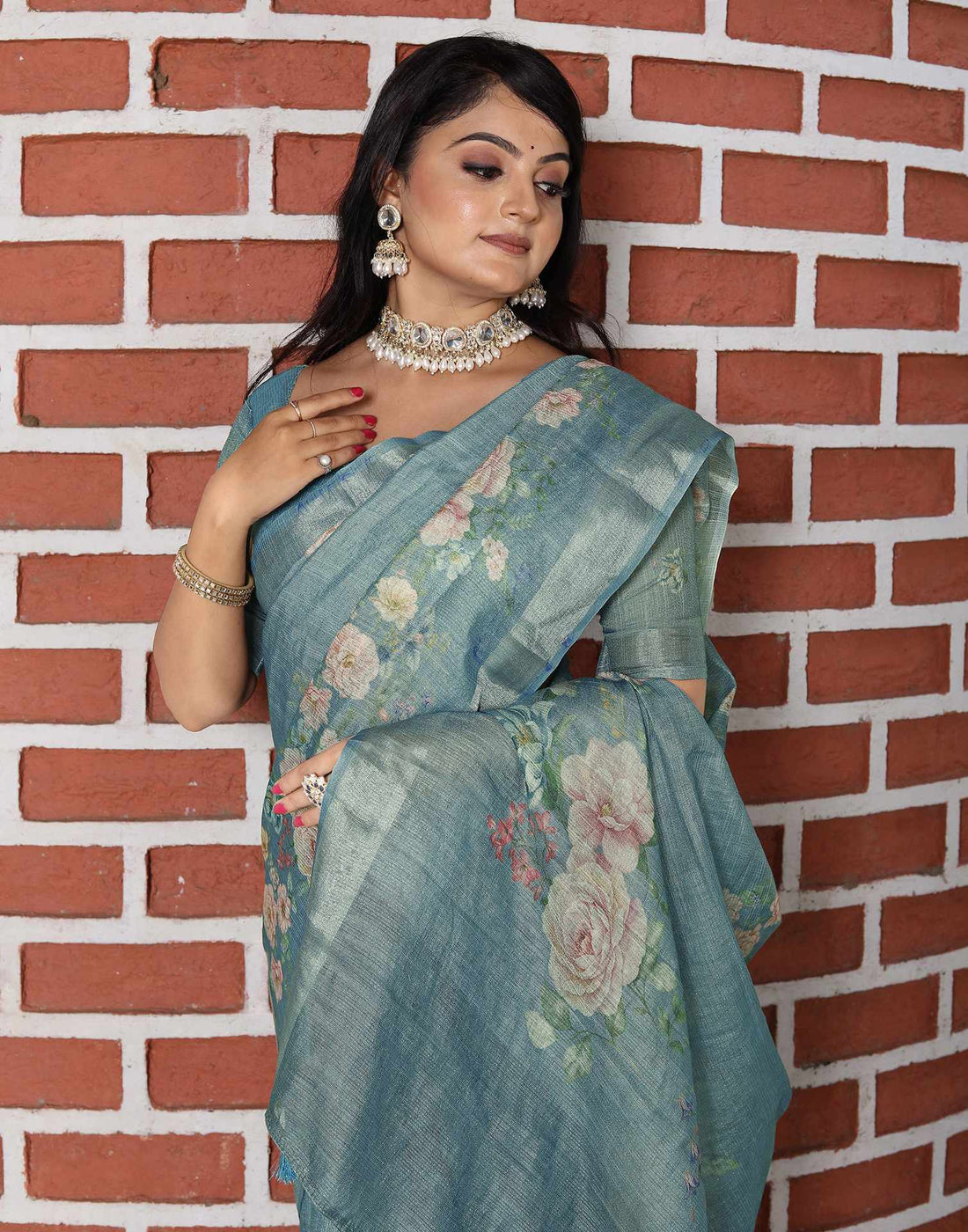 Light Blue Cotton Floral Printed Saree