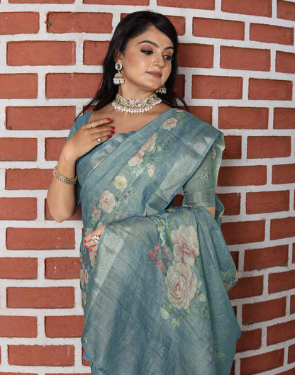 Light Blue Cotton Floral Printed Saree
