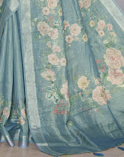 Light Blue Cotton Floral Printed Saree