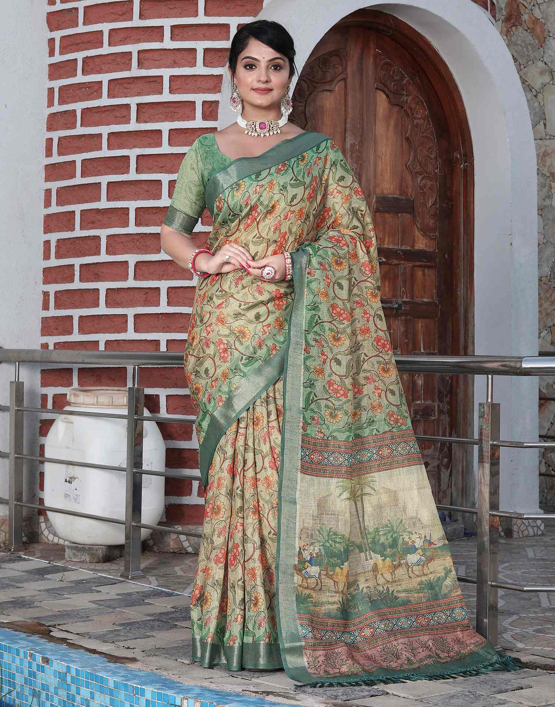 Tea Green Cotton Floral Printed Saree