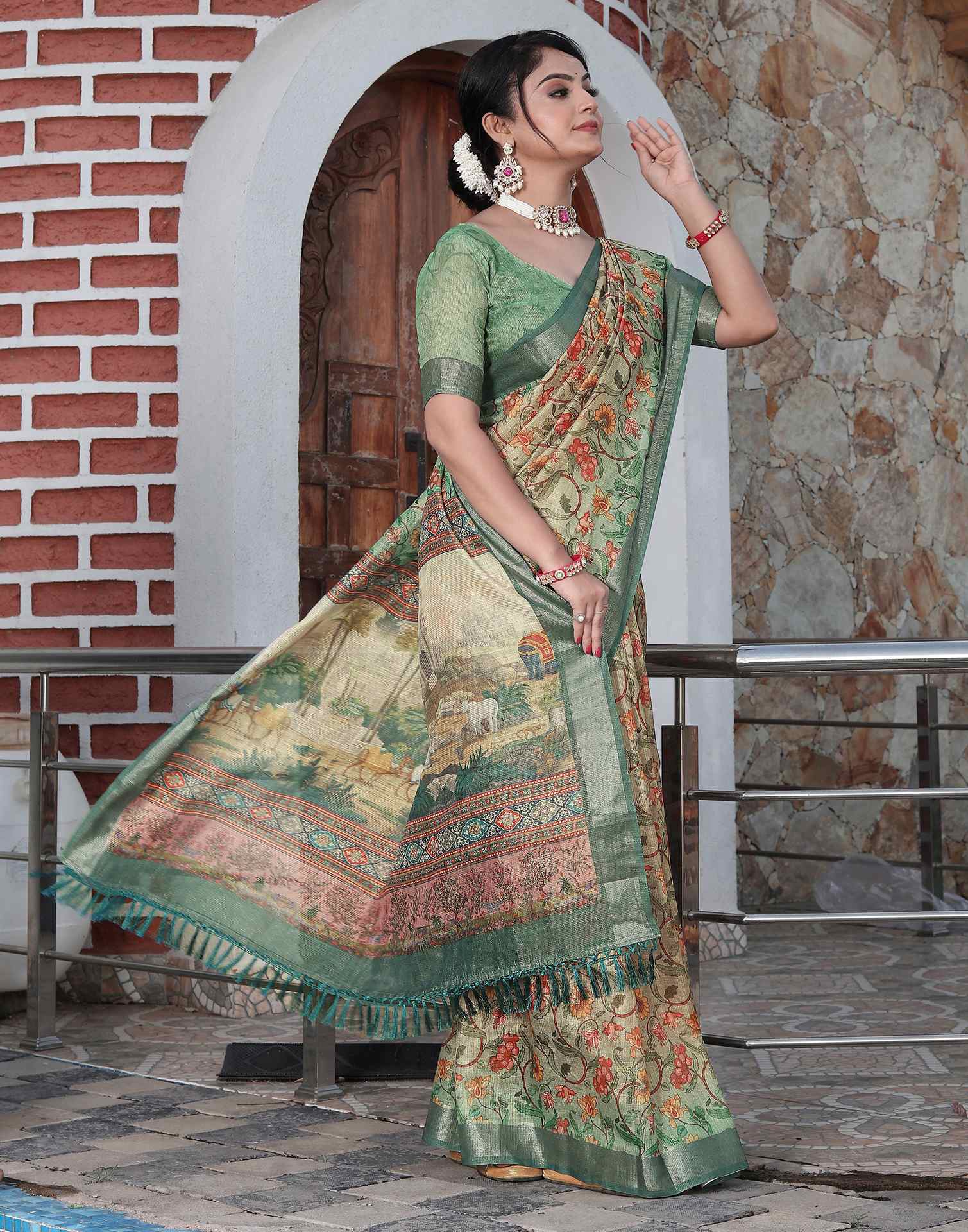 Tea Green Cotton Floral Printed Saree