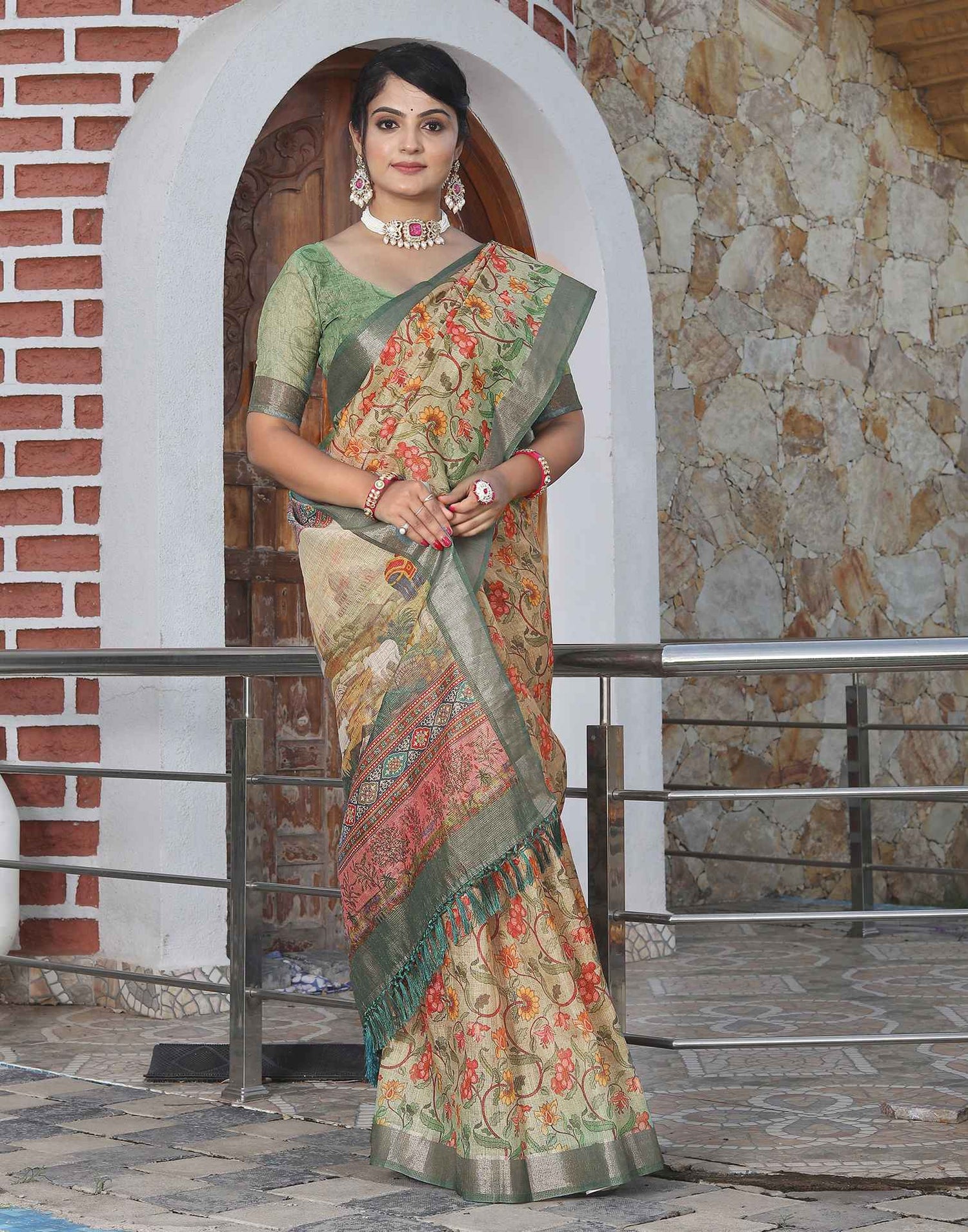 Tea Green Cotton Floral Printed Saree