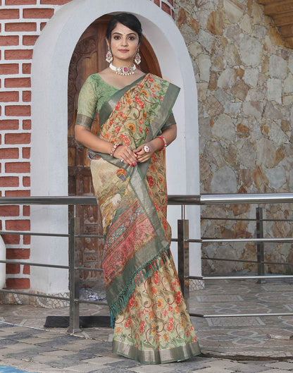 Tea Green Cotton Floral Printed Saree