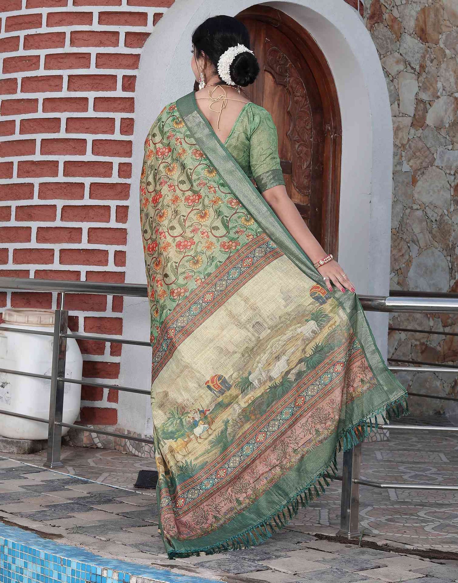 Tea Green Cotton Floral Printed Saree