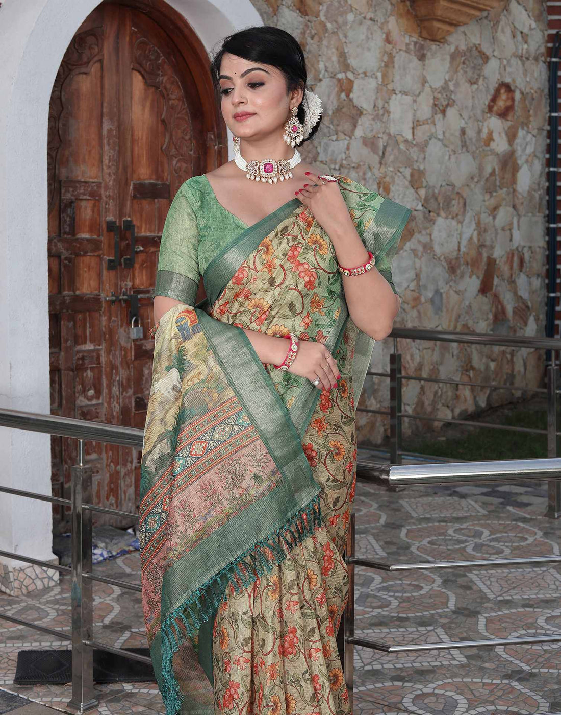 Tea Green Cotton Floral Printed Saree