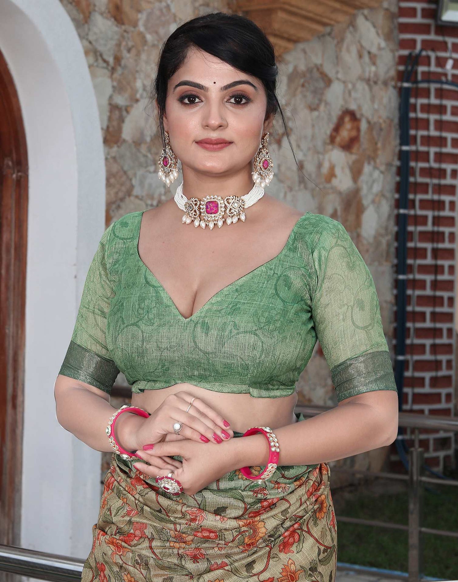 Tea Green Cotton Floral Printed Saree