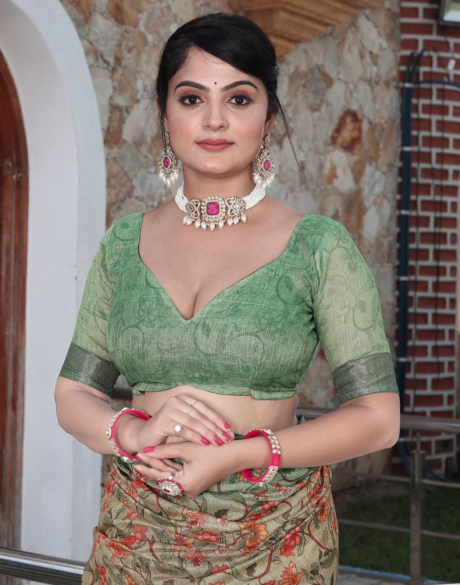 Tea Green Cotton Floral Printed Saree