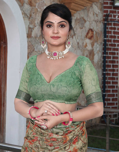 Tea Green Cotton Floral Printed Saree