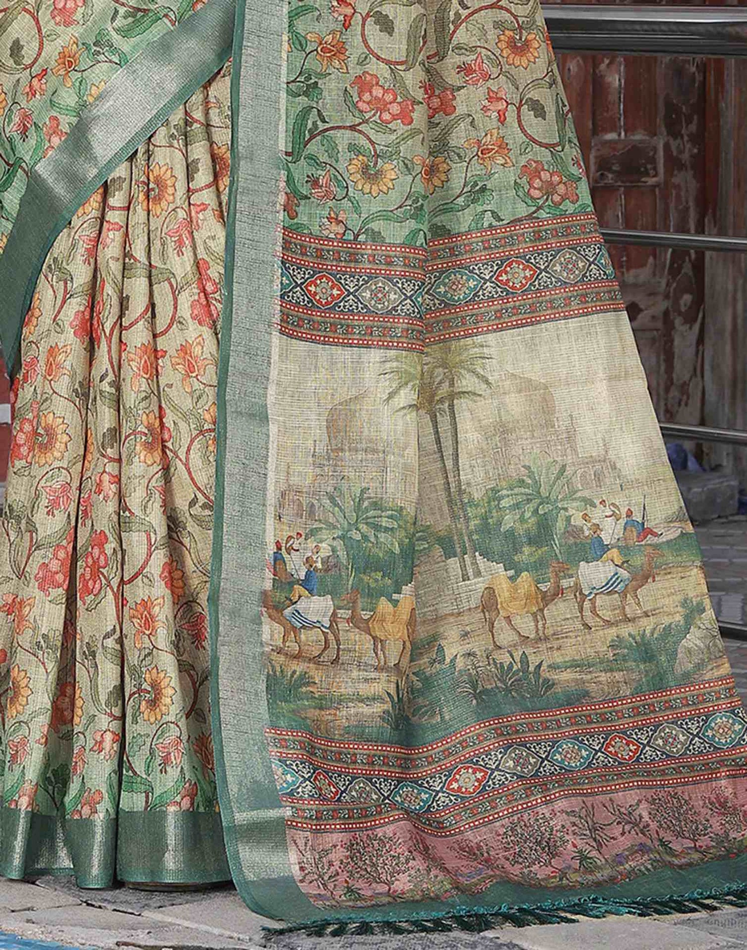 Tea Green Cotton Floral Printed Saree