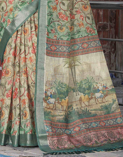 Tea Green Cotton Floral Printed Saree