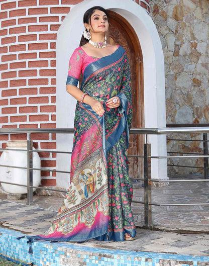 Blue Cotton Floral Printed Saree